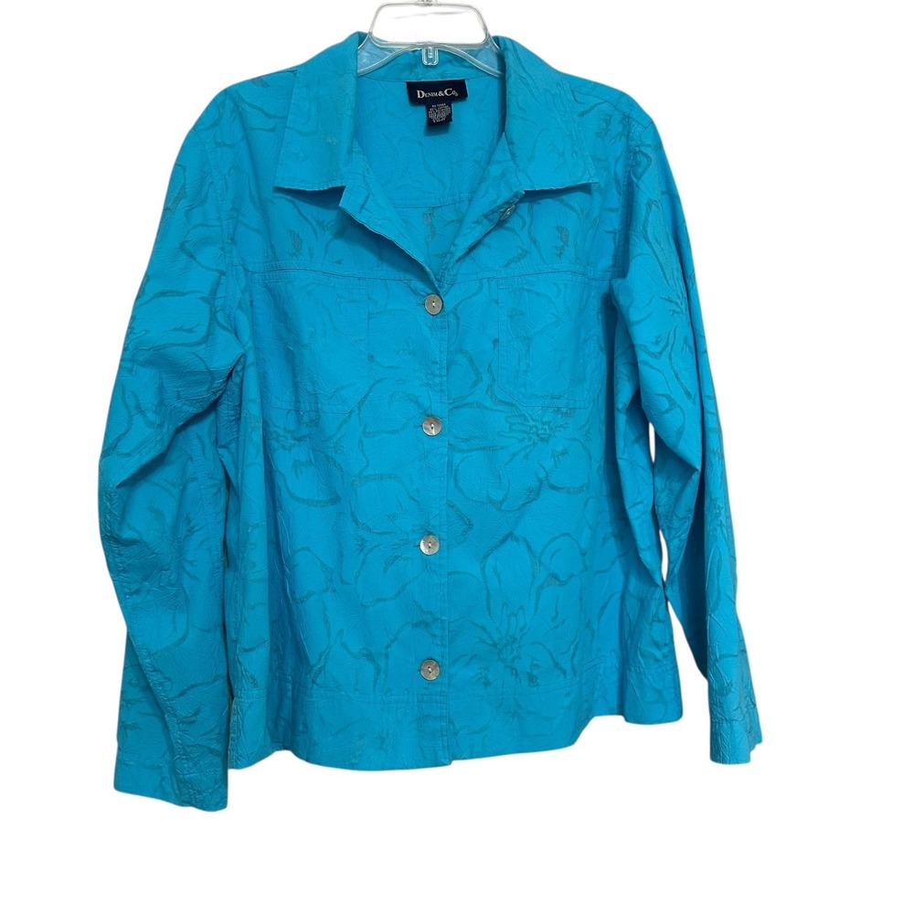 Denim Co Turquoise Burnout‎ Floral Button Front Shacket XL Shirt Vintage Coastal
